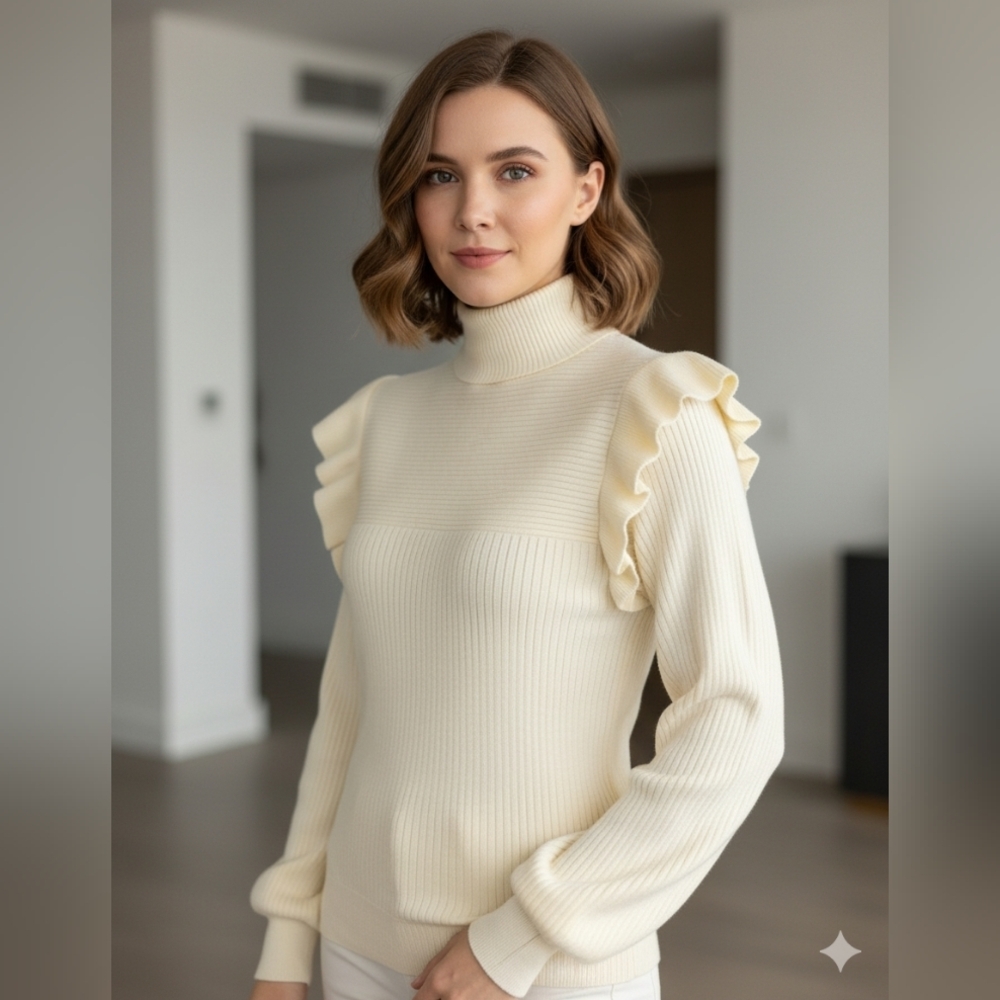 &Merci Elegant Cream Ruffle Turtleneck Sweater Large Soft Cozy‎